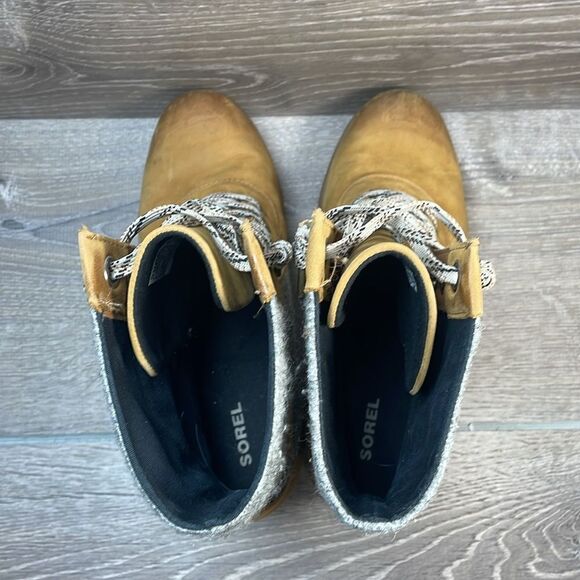 Sorel Lexie Wedge Tan Leather Gray Felt Women’s Sz 10 Lace Up Hidden Wedge Boots - Picture 5 of 11